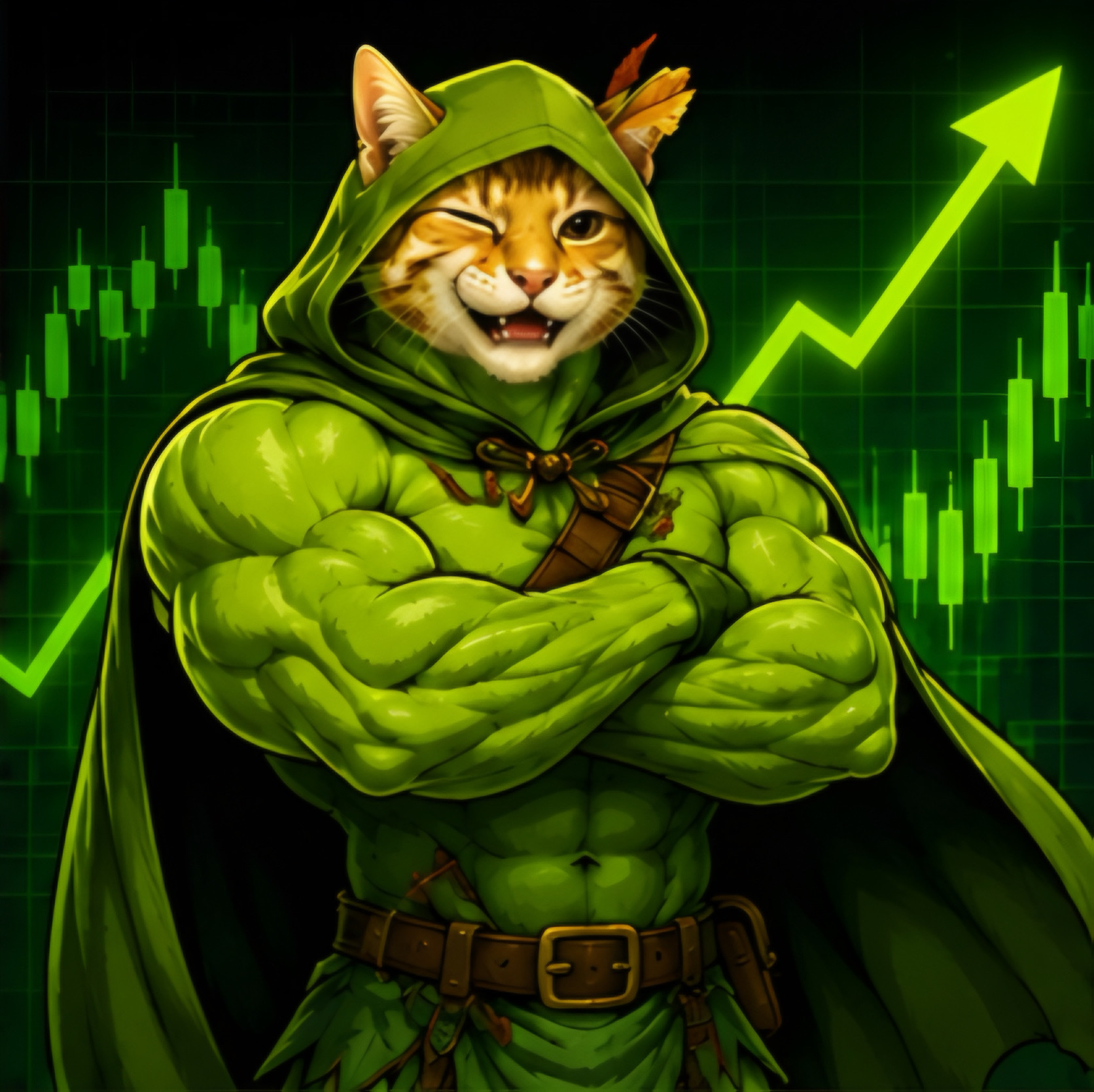 CATINME flexing over a green chart